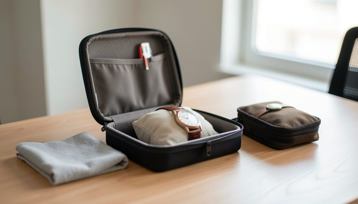 An open travel case on a desk with a watch cushion inside, a folded soft cloth and a small tool pouch arranged beside it, cool daylight from a window at the left, background out of focus.