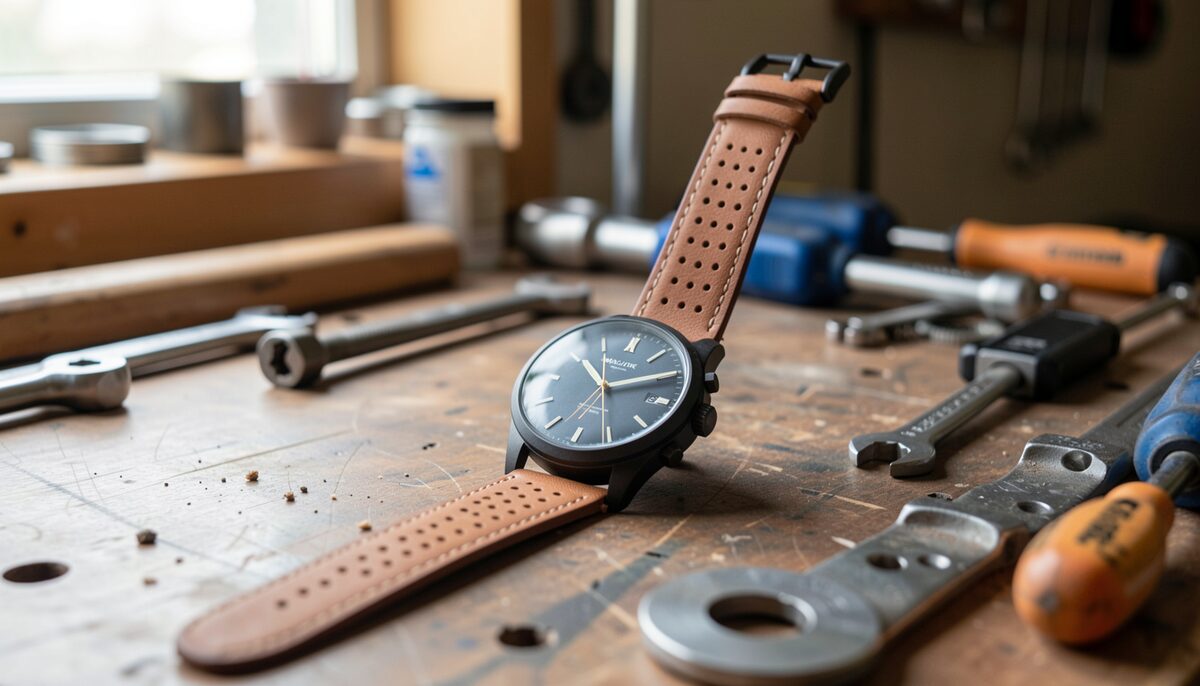 A thick-cased watch with a perforated leather strap lying on a mechanic's workbench, spanners and a rag blurred behind it, hard daylight from above the frame.