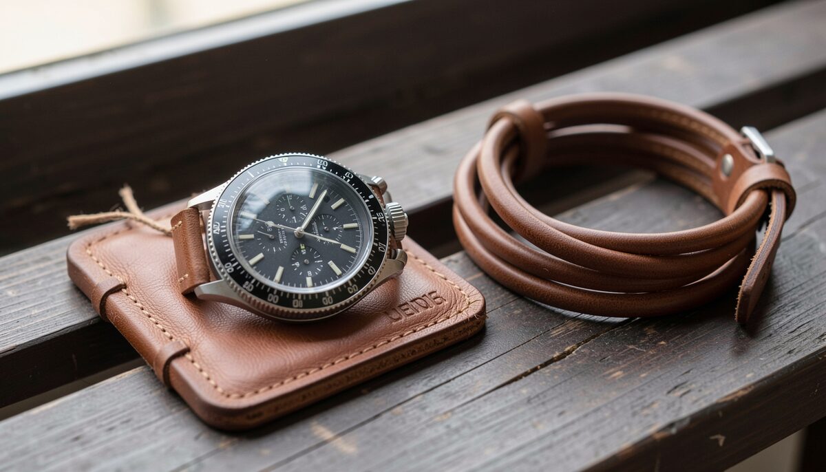 A steel chronograph with a dark dial resting on a leather pad beside a folded flight chart, coiled strap at the back, lit from above and to the right, no legible markings in frame.
