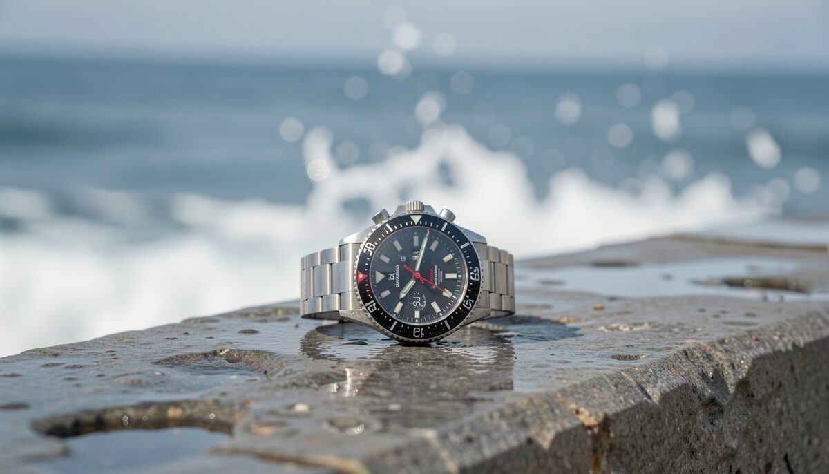 A dive watch with a rotating bezel lying on a wet grey stone ledge, sea spray visible behind it, overcast light and a shallow depth of field on the bezel edge.