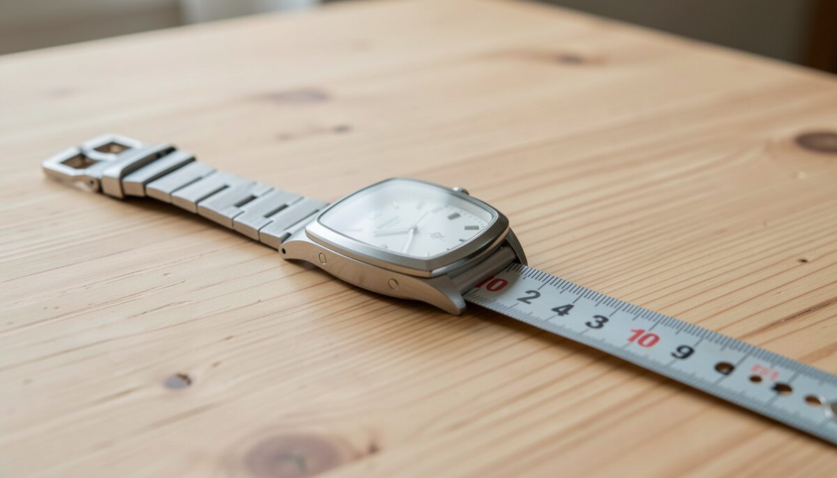 A rectangular steel watch lying across a soft tape measure on a light wooden table, photographed from above, no legible numbers in frame, even window light from the left.