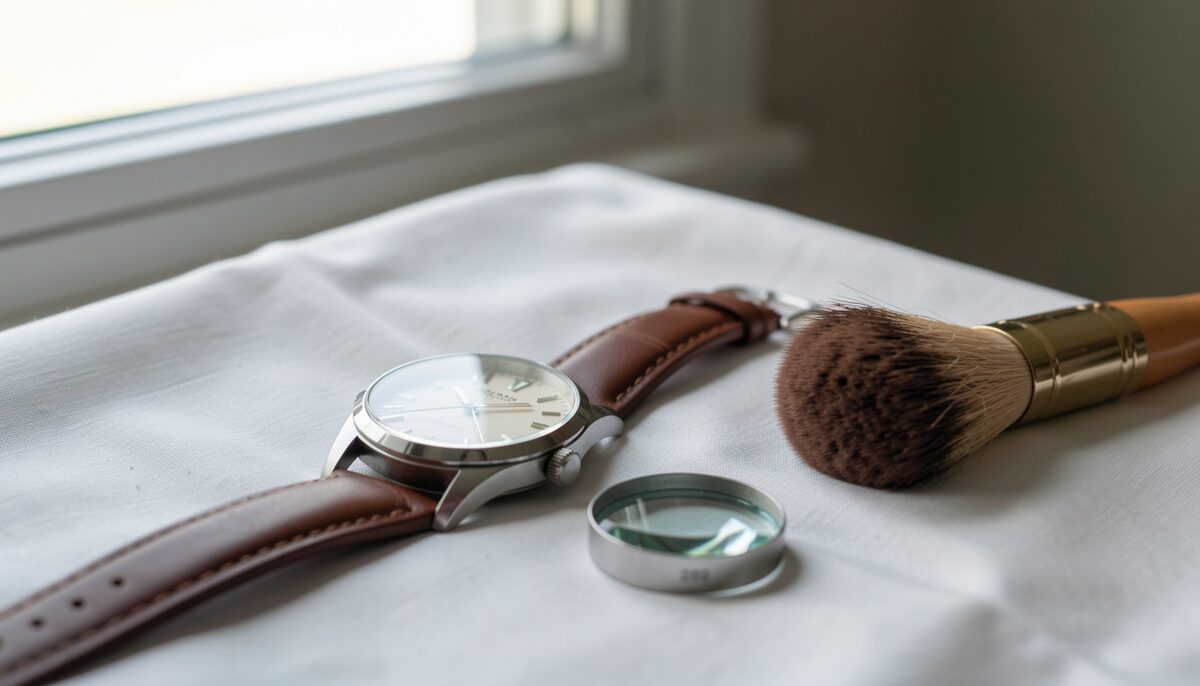 A watch lying on a white cloth with a loupe beside it and a soft brush at the edge, glare from a window running across the crystal, seen close from above.