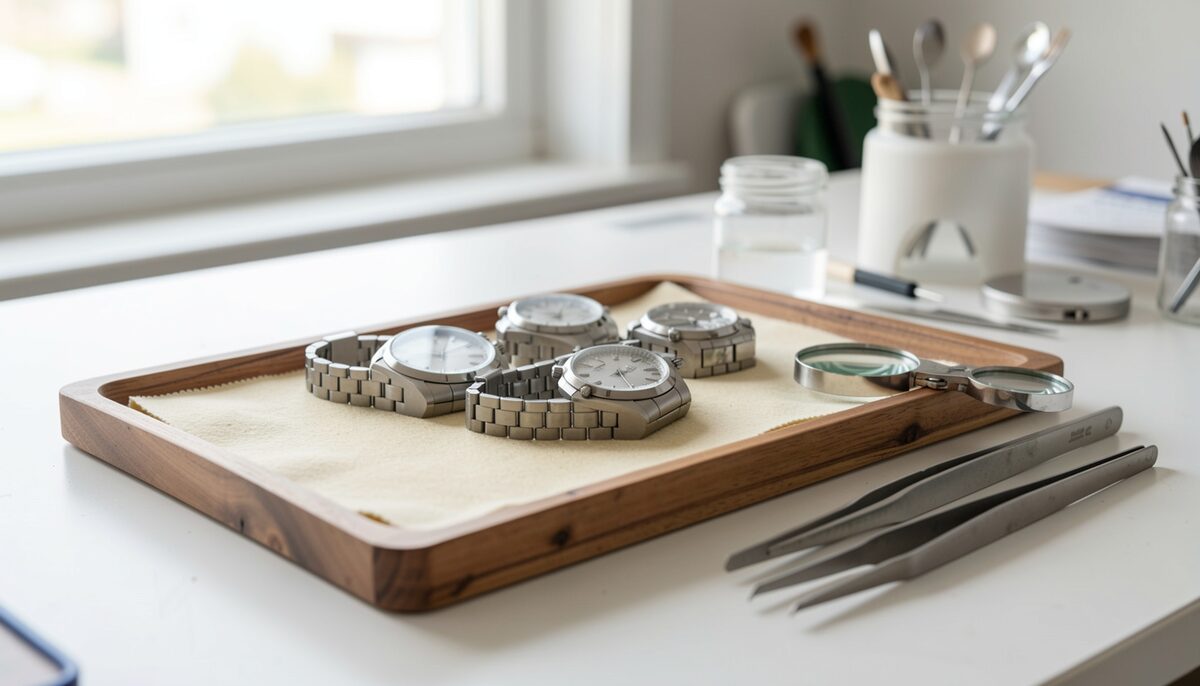 A wooden tray of stainless steel watches on a felt cloth in a bright workshop, a loupe and a pair of tweezers beside them, seen from above, windows out of focus behind.