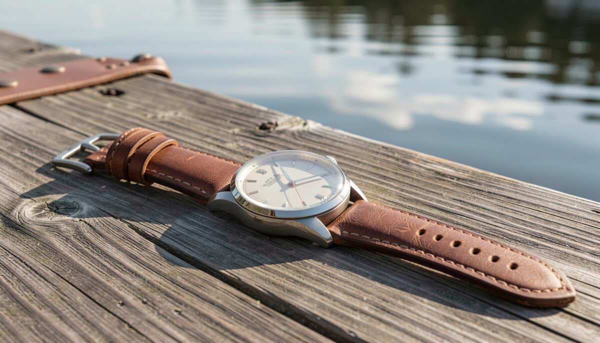 A large cushion-cased watch on a thick leather strap lying on a wooden dock beside still water, morning light from the right, ripples and a dark shoreline behind.